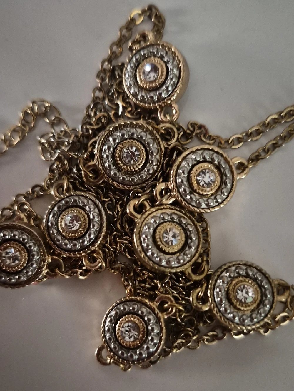 Vintage Gold-Tone Circle Station Crystal Multi Medallion Long Necklace 40